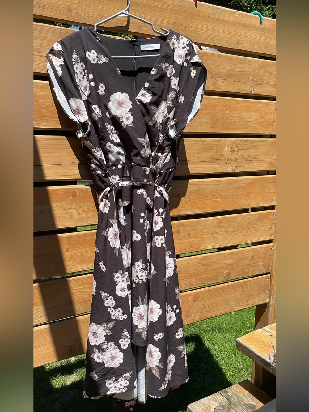 Black Floral High-Low Wrap Dress with Tie Waist